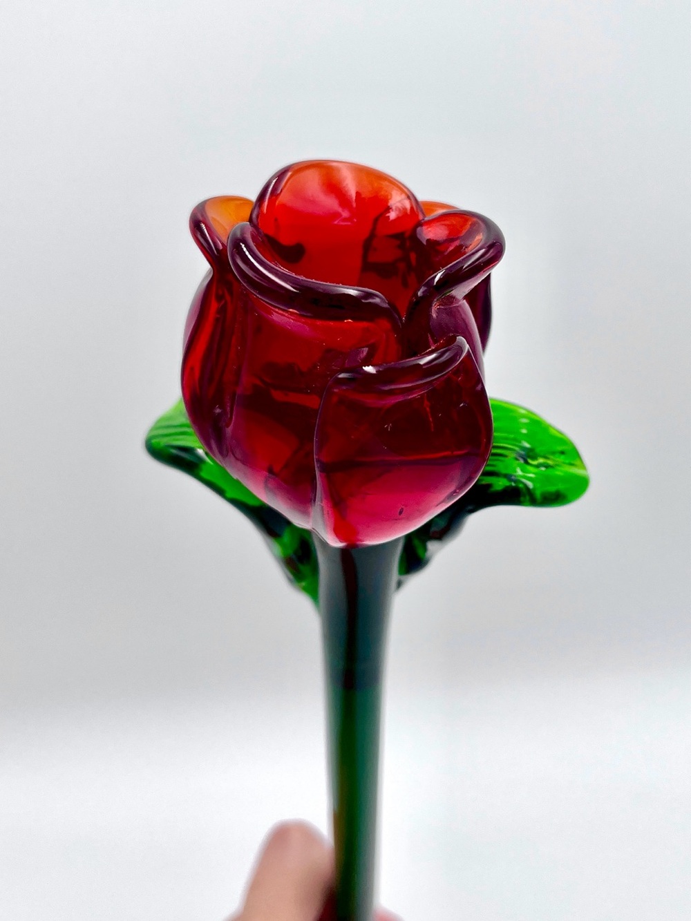 Hand Blown Art Glass Long Stem Red Rose 12”